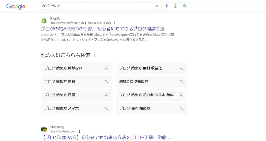 グーグル検索の再検索キーワード表示画面