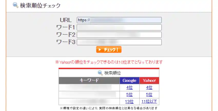 SEOチェキの検索順位チェッカーの結果画面